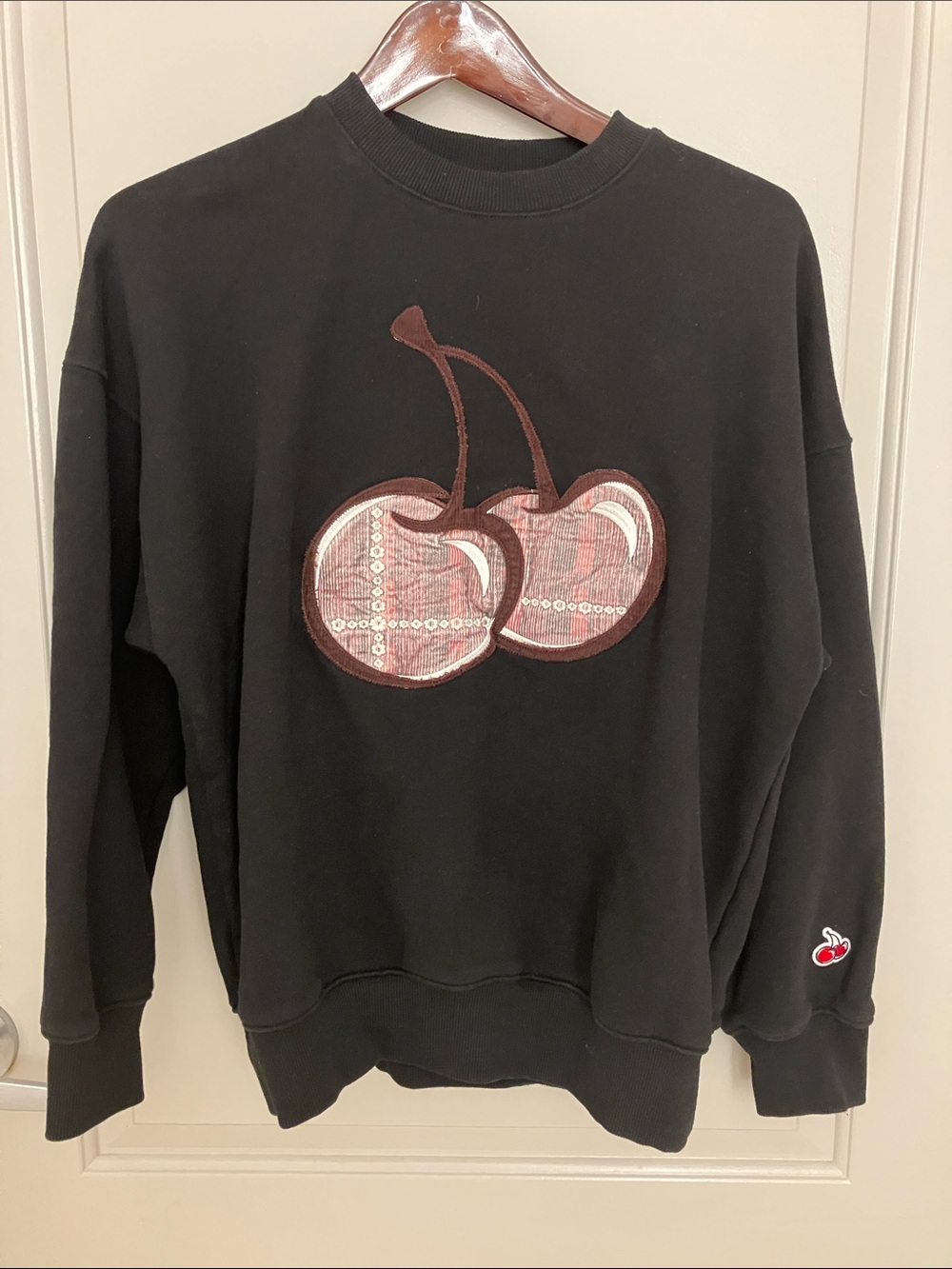 Kitsch Black Cherry Patch Sweatshirt Size 1 Corduroy Embroidered Cherries